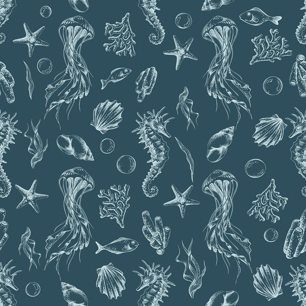 水下世界无缝图案，包含水母、海马、贝壳。热带海洋动物背景，适用于织物、壁纸、卡片。海军蓝底色上的轮廓手绘图形插画图片下载