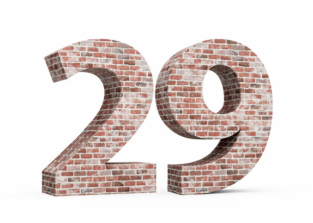 数字29，由旧的、粗糙纹理的砖墙构成，三维插画图片下载