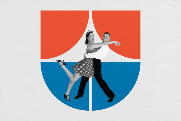 复古风格的舞者三维照片拼贴设计，年轻女士和男士在美丽工作室跳舞，富有节奏感、现代感和激情，展示优美的姿势和柔韧性。图片下载