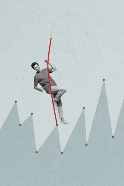 竖构图的艺术图片拼贴，展示了快乐的女商人和男商人在图表、统计数据、发展趋势线、目标和成就前。图片下载