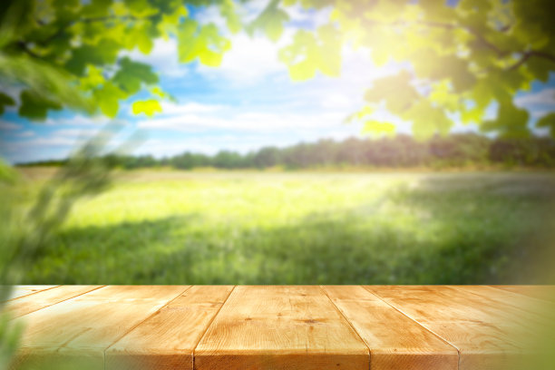 充满活力的夏季风景照片，展示了木桌、郁郁葱葱的绿野、湛蓝的天空和温暖的阳光，非常适合季节性营销。图片下载