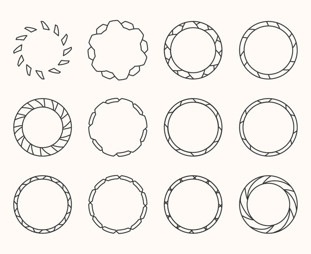 矢量插画。一组几何扁平化风格的圆形。海报、书籍封面、相框、礼品卡、杂志的设计元素。极简现代圆形边框合集。波浪形、线性圆形图案图片下载