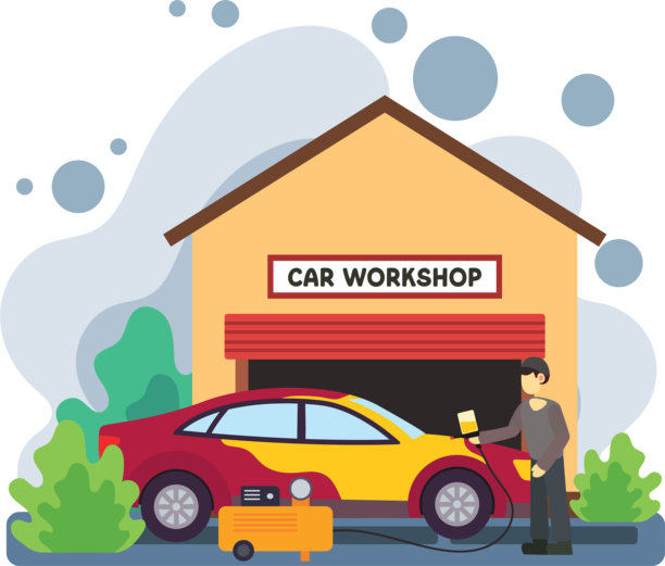 汽车修理厂工人给汽车喷漆插画图片下载