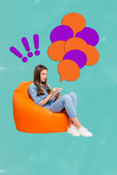 海报趋势拼贴，一个人在蓝绿色背景上写字帖，口吐祥云，带有感叹号图片下载