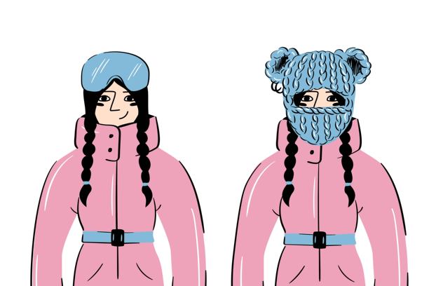 冬季运动肖像套装，包括两位身着滑雪服和配饰的女性运动员。图片下载