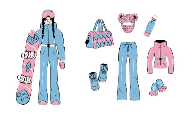 一位女孩，带着滑雪板以及一套滑雪服装和装备图片下载