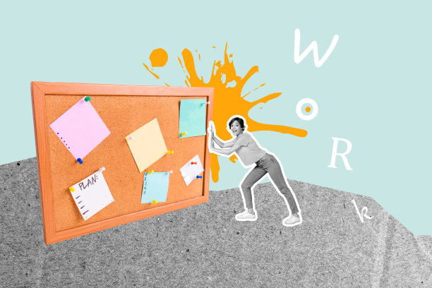 模板草图潮流艺术作品照片拼贴，年轻女子微笑着推手，拿着计划笔记板，工作空缺，工人，商业招聘图片下载