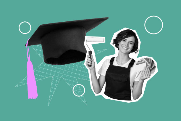 年轻女士微笑，手持画笔、调色板和彩色帽子，毕业于大学课程，获得文凭的学生，复合艺术3D照片拼贴潮流图片下载