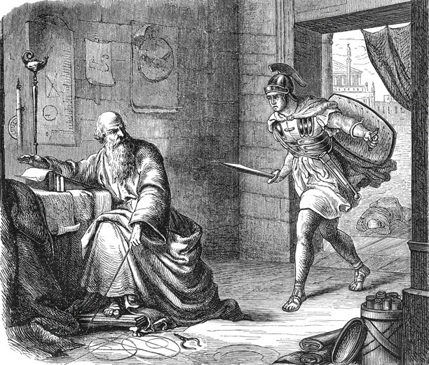 罗马军团士兵冲入书房，阿基米德在叙拉古围城战中保护他的数学卷轴，展示了古代学者对知识的执着与战时知识的脆弱性，1880年的老式复古插画图片下载