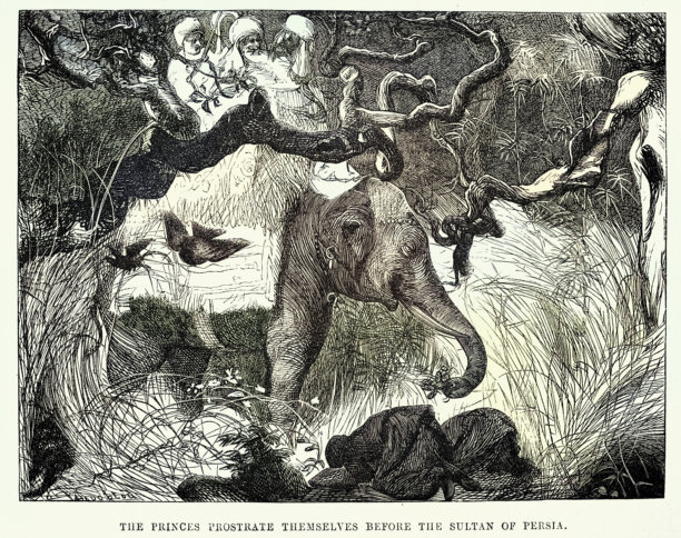 波斯苏丹面前的王子骑着大象，出自《一千零一夜》或《天方夜谭》的中东民间故事集，由达尔齐尔兄弟创作。复古插画图片下载