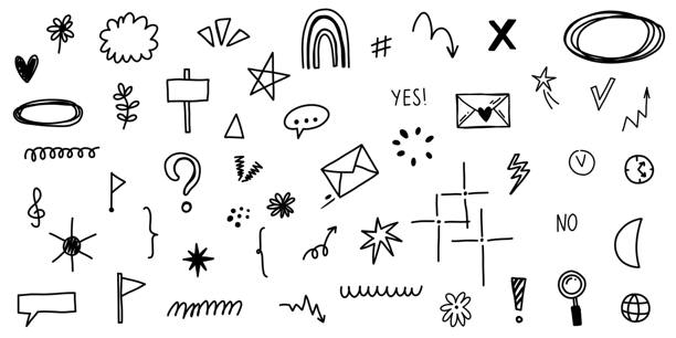 涂鸦勾选符号漫画集，包含爱心、箭头、高亮下划线文字等向量图案，可爱简约插画。图片下载