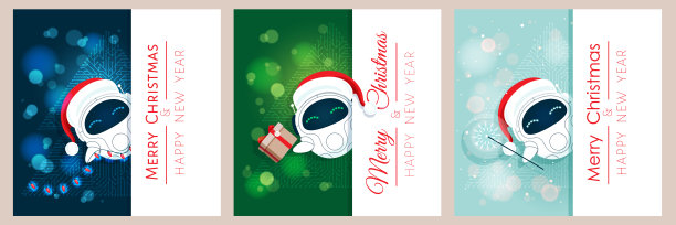 一套圣诞祝福横幅，配有可爱的卡通机器人，戴着圣诞帽，手持花环、礼品盒和闪光棒。背景有蓝色、绿色、浅蓝色的散景辉光。矢量插画。图片下载