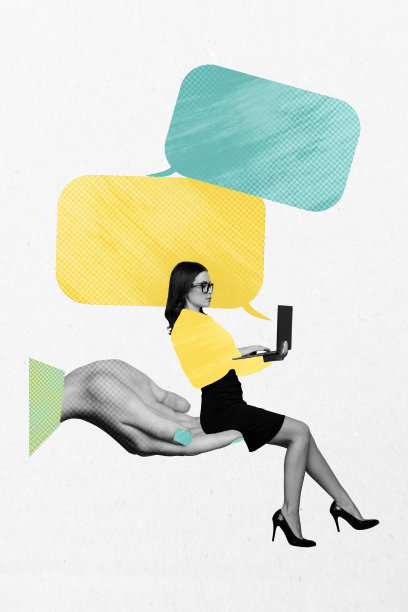 手持笔记本电脑的商界女性的草图设计趋势艺术作品海报3D照片拼贴，带有反馈笔记对话漫画贴纸图片下载