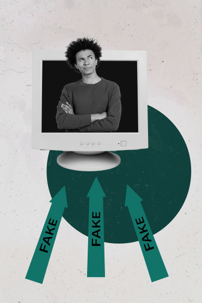 复古电脑屏幕中的人物思考的流行图片拼贴，背景为绿色，带有虚假箭头图片下载