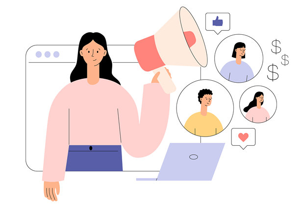 推荐朋友概念。营销推荐计划。特别优惠公告。女性角色手持扩音器或喇叭。社交媒体中的用户圆形头像。扁平化矢量插画图片下载