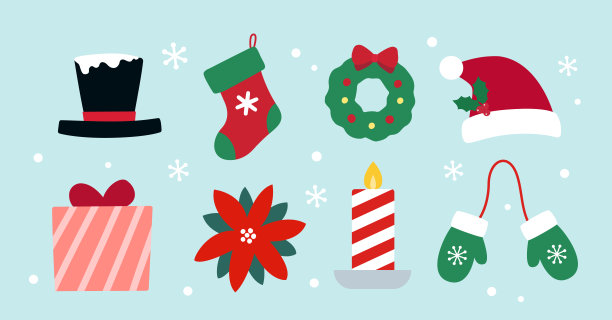 圣诞元素集合。可爱的扁平风格矢量插画。包含圣诞帽、袜子、花环、礼品盒、一品红、蜡烛和手套。图片下载