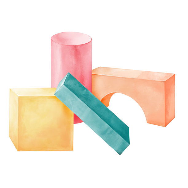 不同形状的玩具积木堆叠。白色背景上的积木套装的卡通水彩插画。儿童建筑套装，背景概念，儿童卡片图片下载