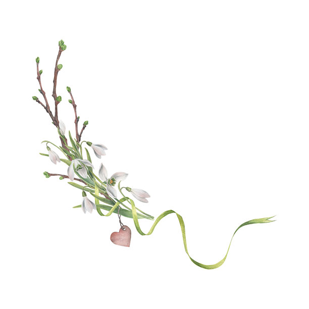 半圈花环组合，包含雪花莲、春季嫩枝、心形钥匙扣和长丝带。水彩手绘插画，孤立在白色背景上。非常适合装饰明信片、纺织品图片下载