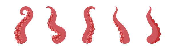 带吸盘的鱿鱼触手。章鱼手臂套装，适用于航海、奇幻怪物和水下插画主题图片下载