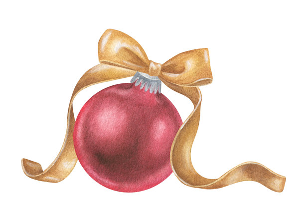 红色的圣诞树挂饰，带有金色蝴蝶结。圣诞装饰品和节日装饰的水彩插画。手绘复古素描，白色隔离背景。水彩画艺术图像。图片下载