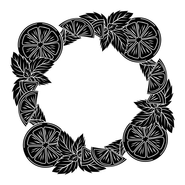 矢量单色圆形边框，饰有涂鸦薄荷叶、橙子片和空白空间。黑色剪影的胡椒薄荷和柠檬构成的花环。图片下载