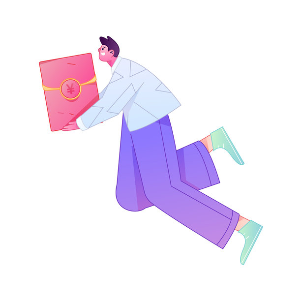 矢量扁平渐变插画，一个角色拿着红包庆祝中国新年。图片下载