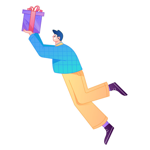 矢量渐变插画风格，一个角色手持礼盒，表情惊讶。图片下载