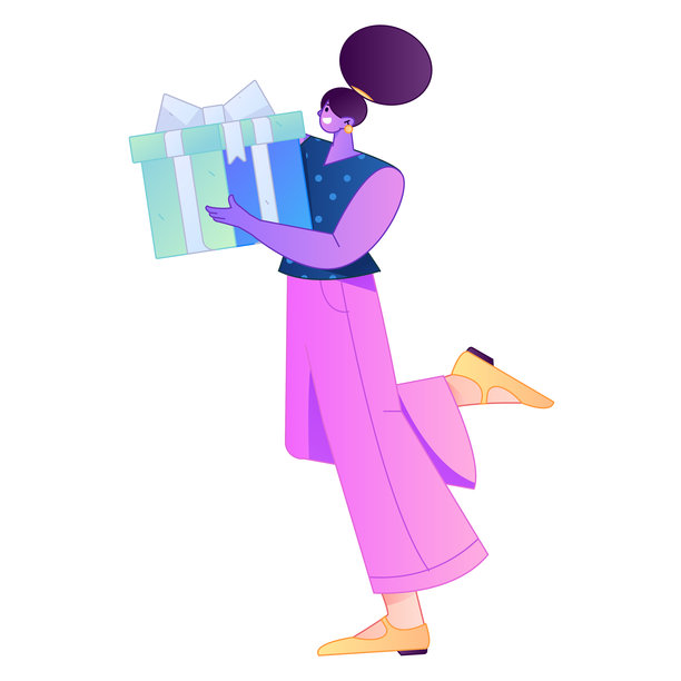 矢量渐变插画风格，一个角色一脸惊讶地拿着一个礼物盒。图片下载