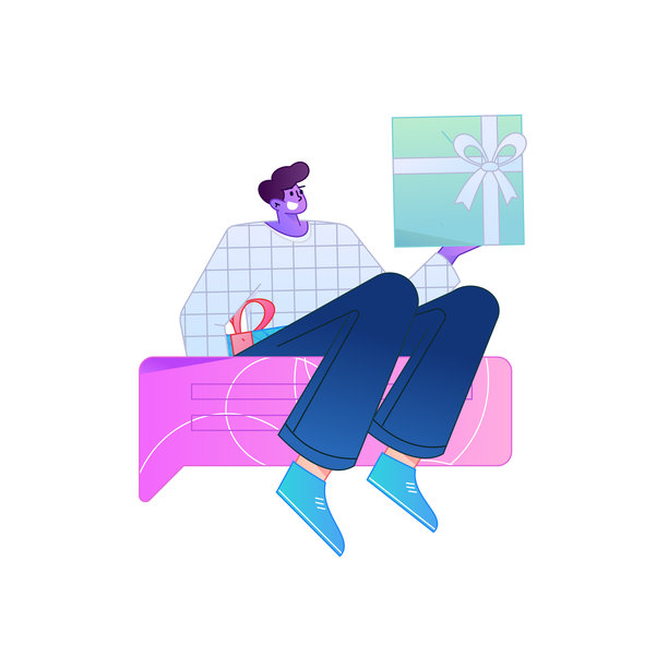 矢量渐变插画风格，一个卡通人物吃惊地拿着礼物盒。图片下载