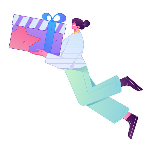 矢量渐变插画风格，一个角色一脸惊讶地拿着礼物盒。图片下载