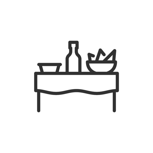 野餐桌上摆放着食物和饮料，线性图标。户外用餐、团体聚餐或节日聚会。可编辑描边的线条。图片下载