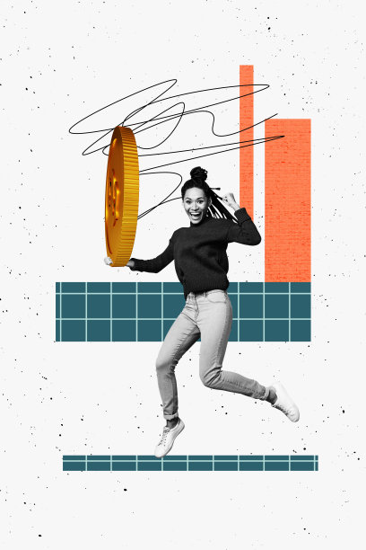 模板草图潮流艺术3D照片拼贴年轻女士兴奋的笑容手持硬币货币投资收益财经预算图片下载