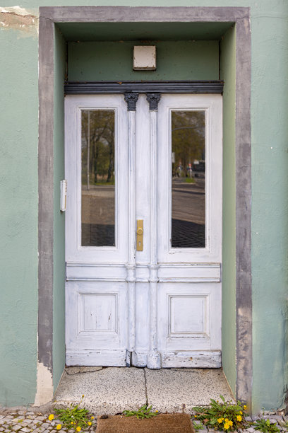 绿色的外墙，配有轻质玻璃门板。舒适的复古入口。图片下载