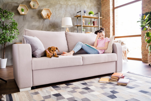 照片：可爱的疲倦的穿着粉色T恤的学龄女孩，坐在沙发上做功课，旁边还有一只腊肠犬幼崽，室内房间，家中。图片下载