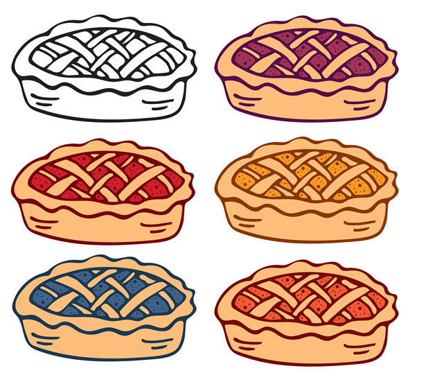 手绘多彩水果派合集，格子酥皮，多种口味如浆果、樱桃、苹果、蓝莓和南瓜。可爱的矢量插画，适用于食品、烘焙和食谱设计。图片下载
