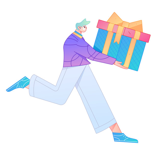 矢量渐变插画风格，一个角色一脸惊讶地拿着礼物盒。图片下载