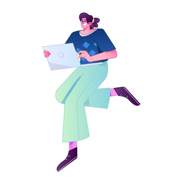 远程办公时，一个人在电脑上工作的矢量渐变插画。图片下载