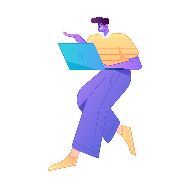 矢量渐变扁平插画，描绘一个人在家远程办公，使用电脑工作。图片下载