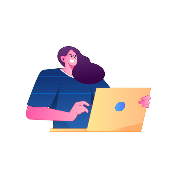 矢量渐变插画，描绘了一个远程办公的人在电脑前工作。图片下载