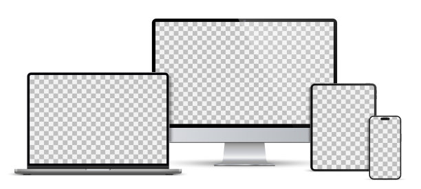 现代计算机、笔记本电脑、平板电脑、智能手机模型正面视图、笔记本模型和手机设备模型 UI UX 应用，一套带有透明显示屏的技术设备，数字设备屏幕模板图片下载