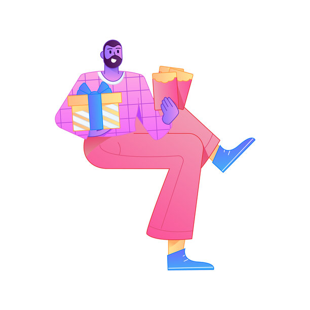 矢量渐变插画风格，一个角色脸上带着惊讶的表情，手里拿着一个礼物盒。图片下载