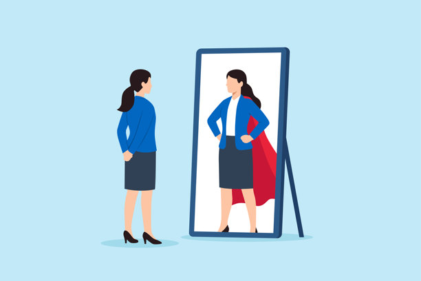 一位女商人在镜子中看到自信强大的自己，象征着自信、内在力量、赋权、激励和个人成长，扁平化插画图片下载