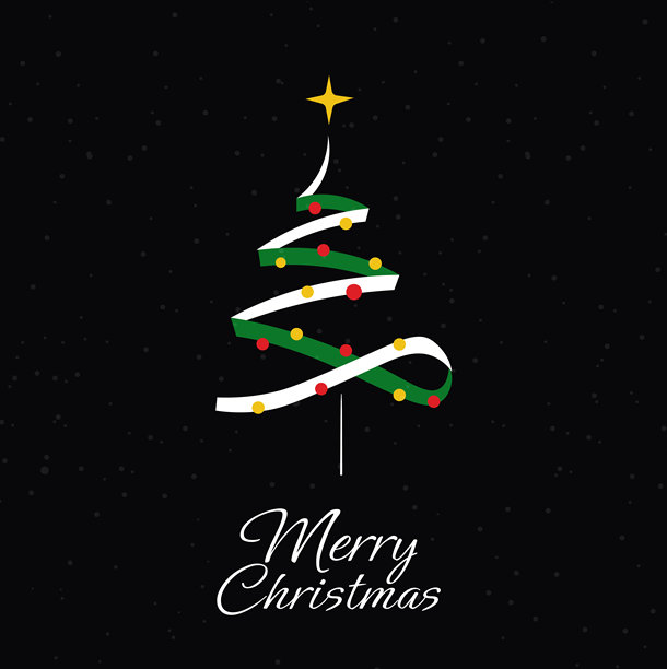 圣诞快乐贺卡，黑色背景上饰有现代丝带圣诞树和星星图片下载