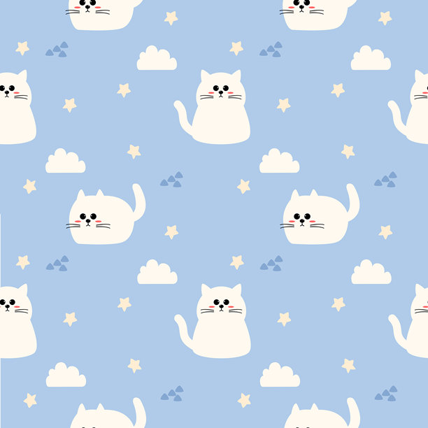 一只超级可爱的白色猫咪卡通形象，在带有星星的蓝色云朵背景上，无缝矢量插画图案。图片下载
