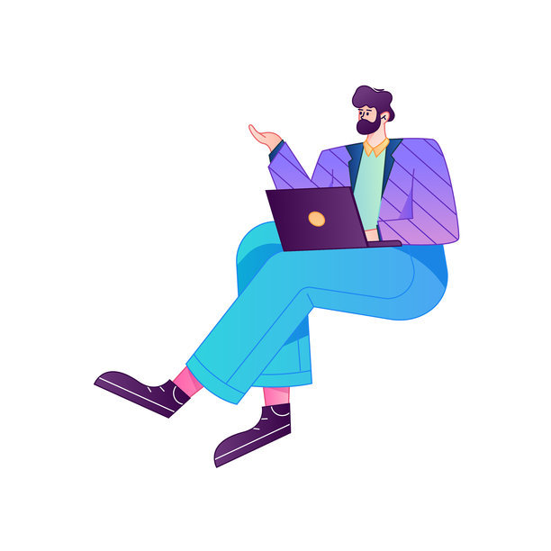 矢量渐变扁平风插画，一个人在家远程办公，使用电脑工作。图片下载