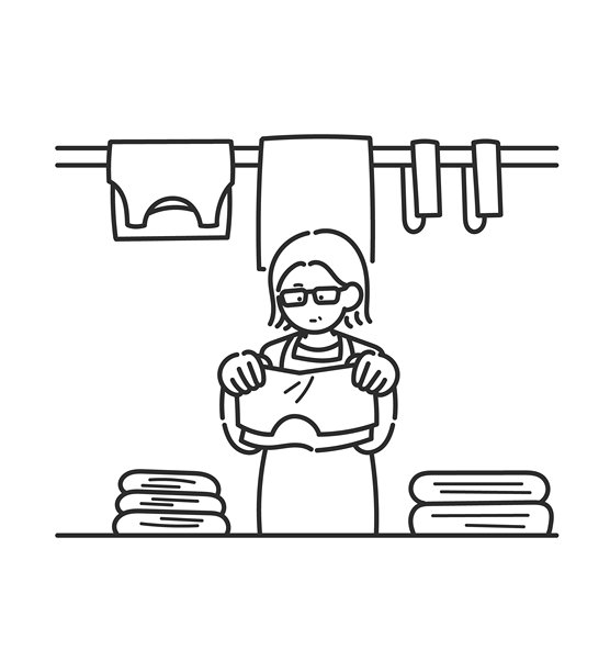 一位40多岁女性的插画，正在晾晒衣服，线条画。图片下载