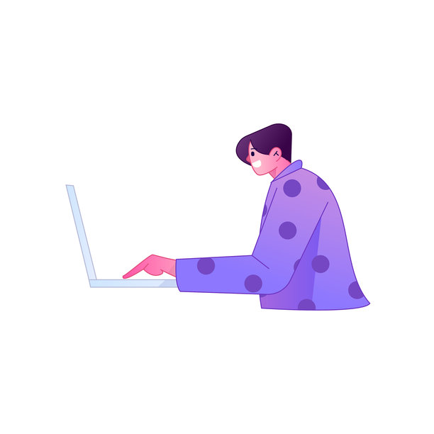 矢量渐变插画：一个人在家远程办公，在电脑上工作。图片下载