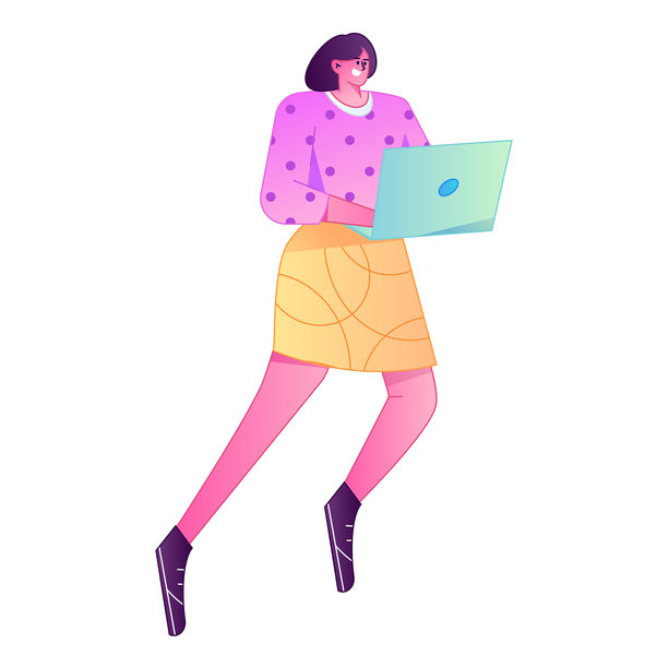 矢量渐变扁平插画，描绘一个人在家远程办公，使用电脑进行工作。图片下载