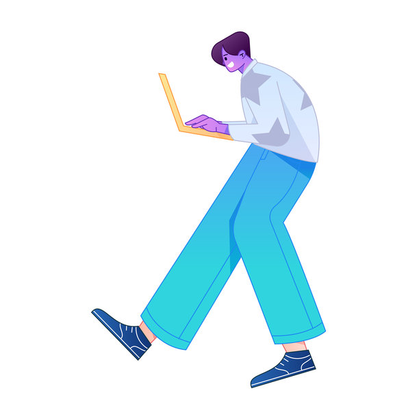 矢量渐变扁平风插画，一人在家远程办公，使用电脑工作。图片下载