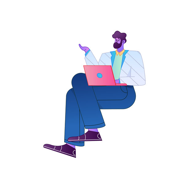 矢量渐变插画，一人在家远程办公，使用电脑工作。图片下载